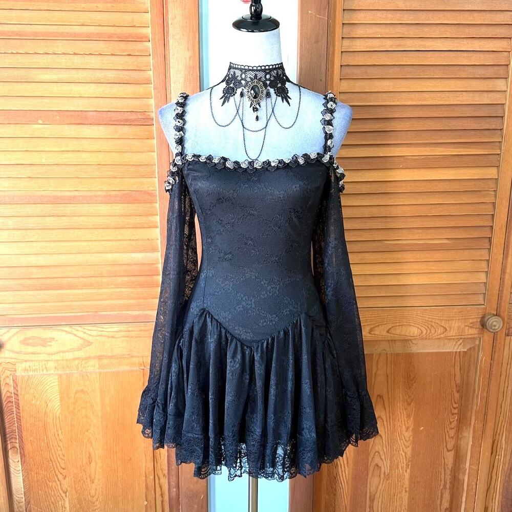 Dolls Kill Black & Gray Rose Trim Dark Fairycore Black Lace Mini Dress